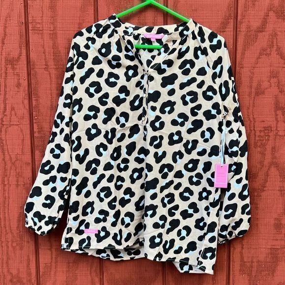 NWT Simply Southern Women's Peasant‎ Blouse Leopard Print Tan/Black Size Large - Picture 1 of 5